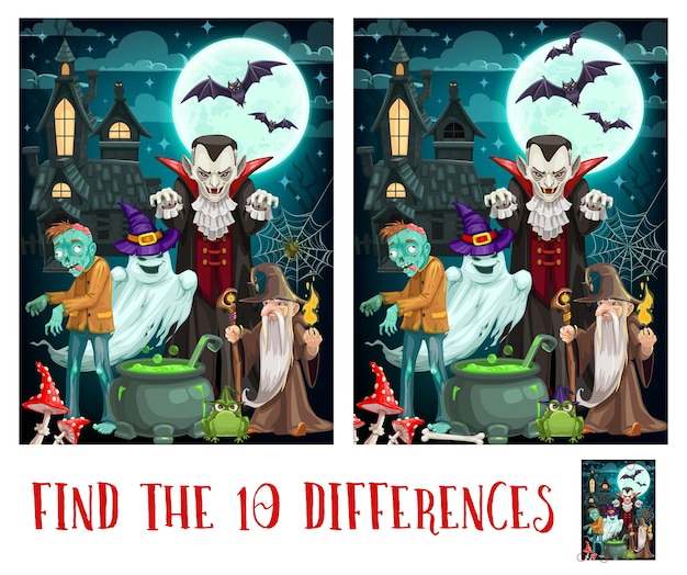 Kids spot differences game with halloween monsters