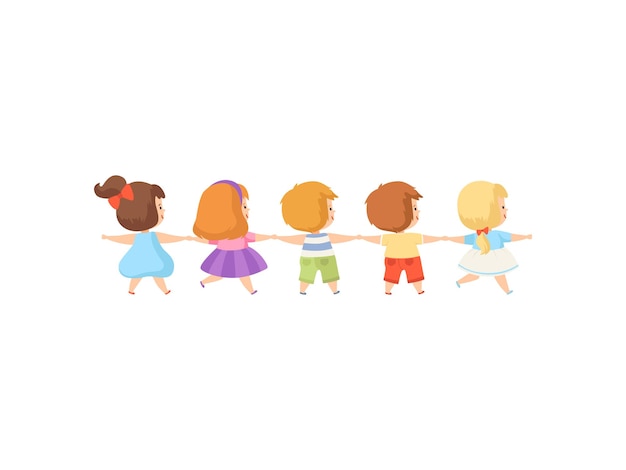 Kids Standing Together Holding Hands Cute Boys and Girls Back View Cartoon Vector Illustration on White Background