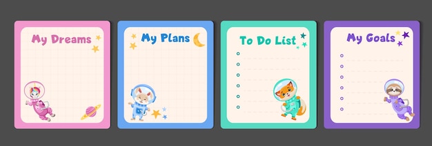 Kids stationery set with memo planners todo lists with cute astronaut animals