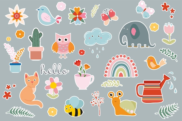 Kids stickers set icons concept in the flat cartoon design on the grey background