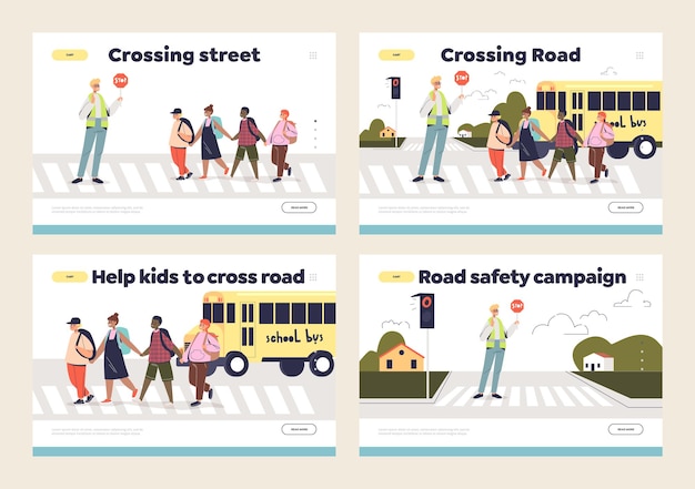 Kids and street crossing set of landing page