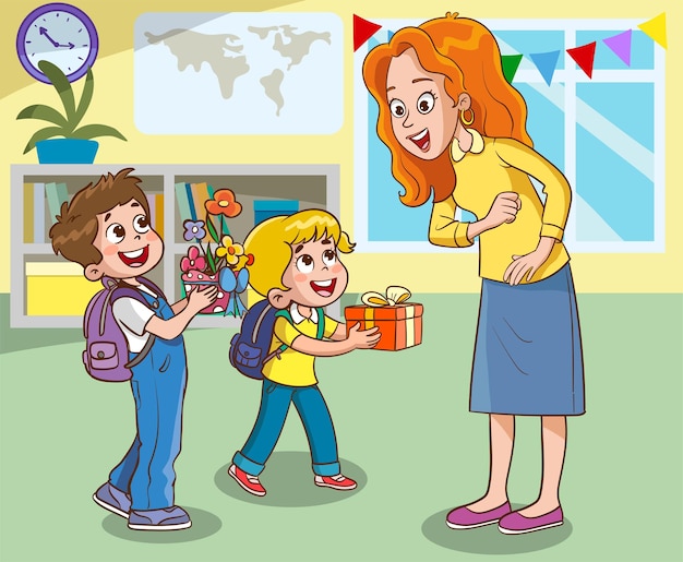 Kids student giving bouquet of flowers to her teacher Flat simple illustration for happy teachers