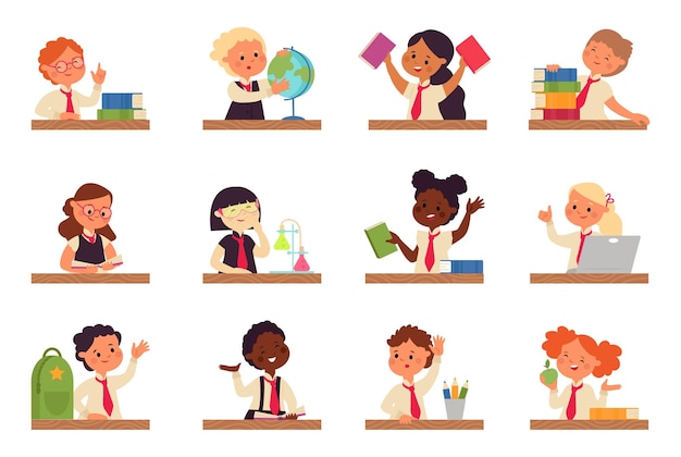 Kids study at desk Kid studying with laptop boy sit and doing homework Young student write exam girl thinking at table decent vector characters