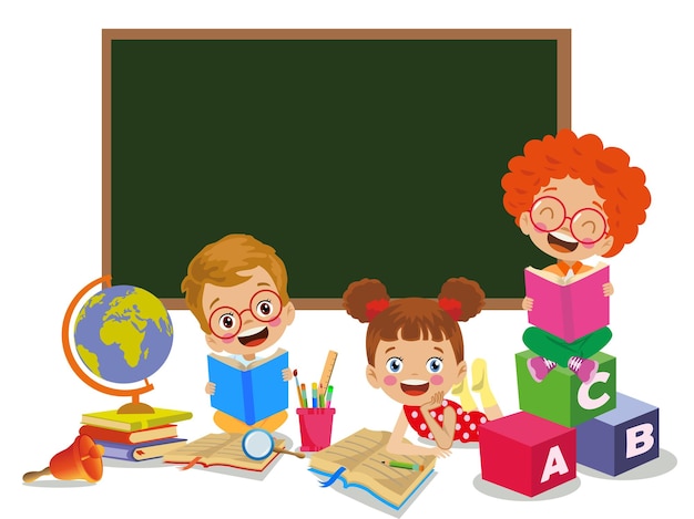 Vector kids studying studying world map in school classroom