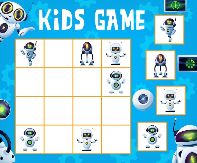 Vector kids sudoku game, logical riddle with robots and androids