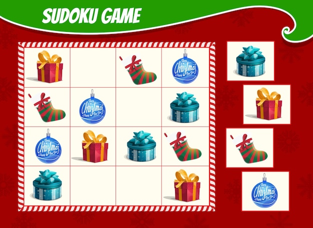 Kids sudoku game with christmas gifts boxes, stocking and ornaments bauble. children activity sheet, logic training puzzle or educational game with winter holiday presents and toys cartoon