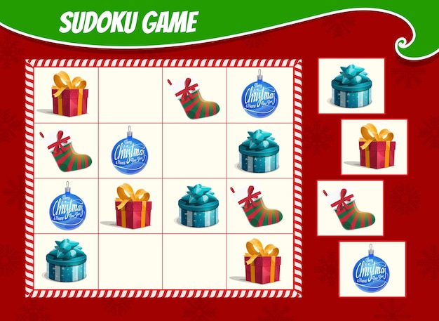 Gioco di sudoku per bambini con scatole di regali di natale, calze e palline di ornamenti. scheda attività per bambini, puzzle di formazione logica o gioco educativo con regali per le vacanze invernali e cartoni animati di giocattoli