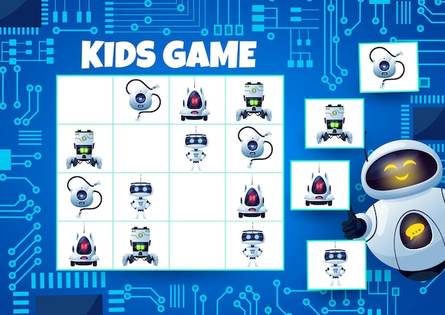 Vector kids sudoku game with robots and funny androids