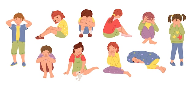 Vector kids suffering from anxiety sensitive scared and sad children mental health cartoon vector illustration set