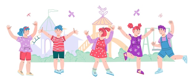 Kids summer banner with cute boys and girls at playground or park summer camp or park play