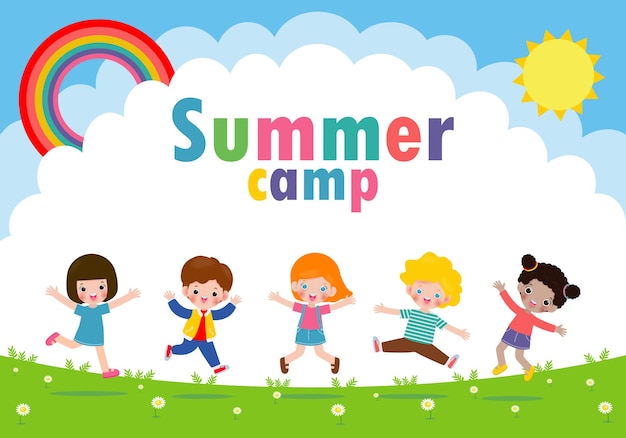 kids summer camp banner with children jumping in the park