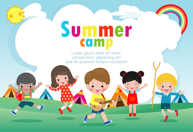 kids summer camp education Template for advertising brochure, children doing activities on camping, poster flyer template, your text , Illustration