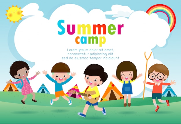 kids summer camp education Template for advertising brochure, children doing activities on camping, poster flyer template, your text ,Vector Illustration