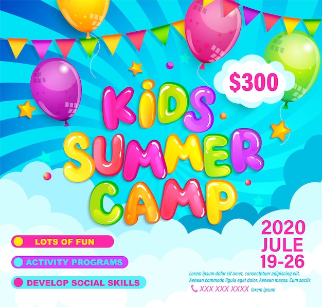 Vector kids summer camp invitation flyer template for advertising brochure children activities on camping