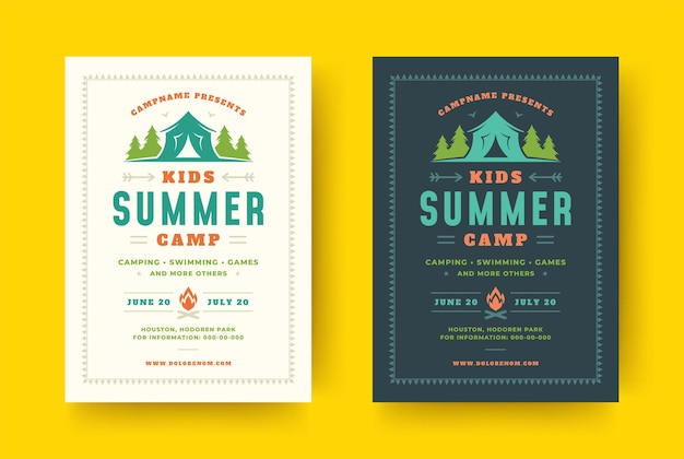 Vector kids summer camp poster or flyer event retro typography design template and forest lanscape and tent