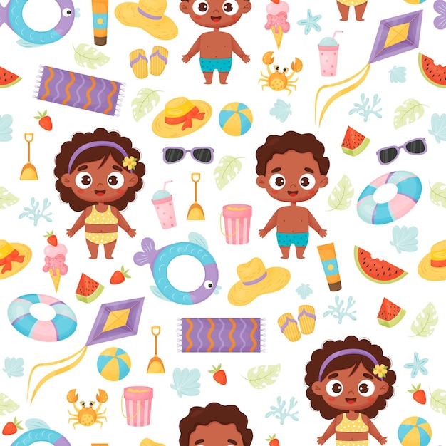 Kids summer seamless pattern Cute beachgoers black girl boy with nautical sea holiday accessories