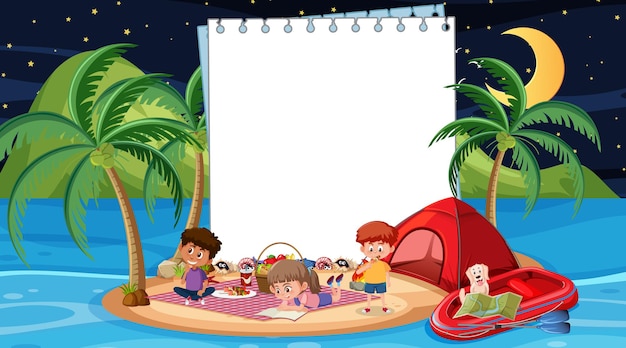 Kids on summer vacation at the beach night scene with an empty wooden banner template