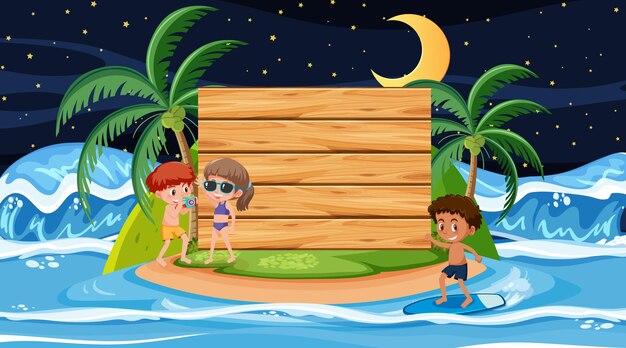 Bambini in vacanza estiva sulla scena notturna della spiaggia con un modello di banner in legno vuoto