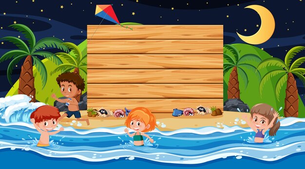 Kids on summer vacation at the beach night scene with an empty wooden banner template