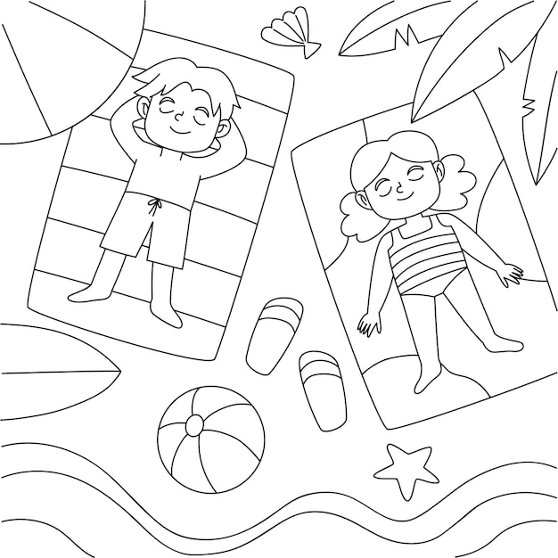 Kids sunbathing at the beach coloring page vector illustration