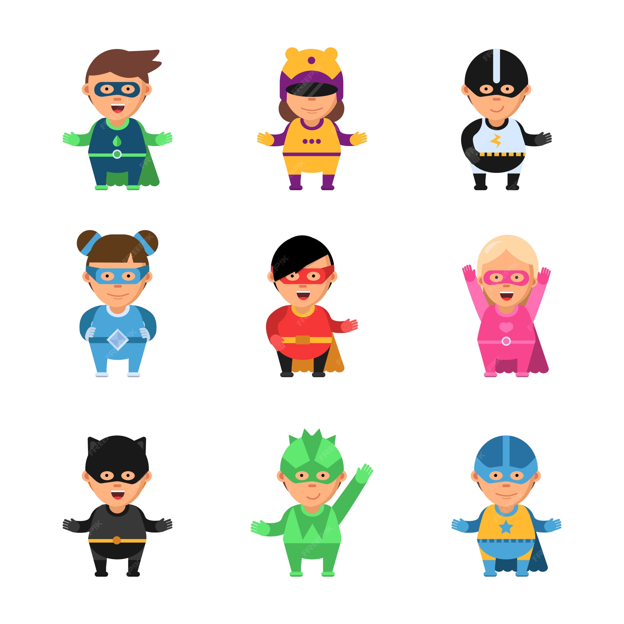 Premium Vector | Kids superheroes. cartoon 2d game characters of heroes in mask cute male and female sup brave comic mascots Premium Vector | Kids superheroes. cartoon 2d game characters of heroes in mask cute male and female sup brave comic mascots