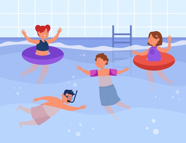 Vettore bambini che nuotano nell'illustrazione piana di vettore della piscina. ragazzi e ragazze in costume da bagno che imparano a nuotare. bambini felici o amici in acqua. ragazzo in presa d'aria che nuota sott'acqua. fitness, concetto di vacanza