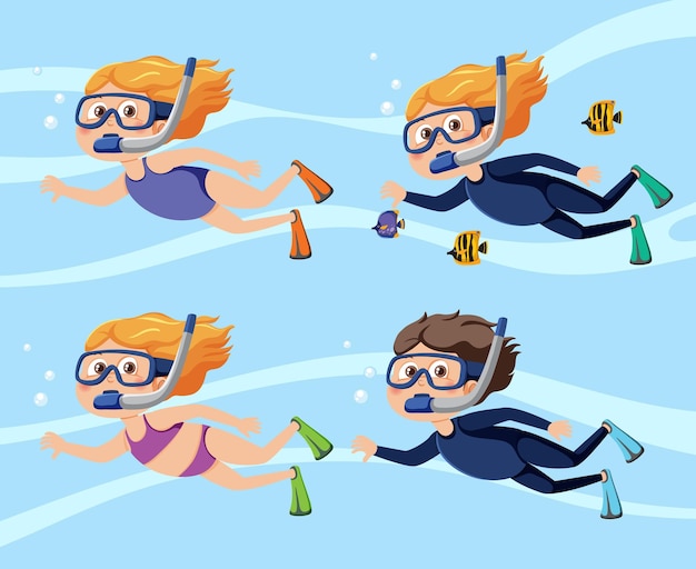Kids swimming snorkeling characters set