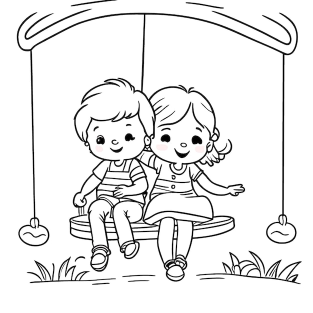 Kids swinging on a swing coloring page vector illustration line art