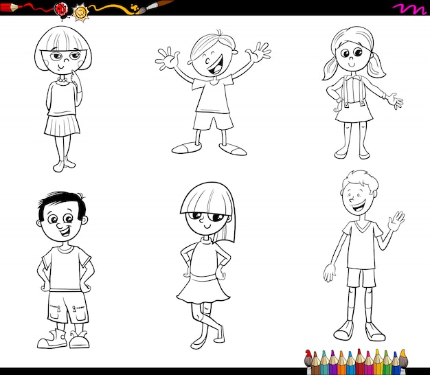 Vector kids or teen characters set coloring book