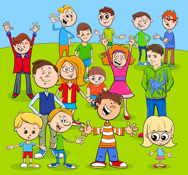 Kids and teens cartoon characters group