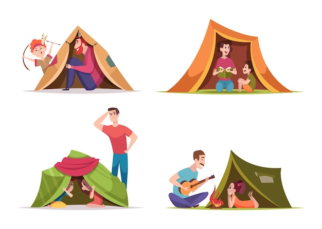 Kids tent Children with parents playing family happy time mother and father fun in tent exact vector camp symbols in cartoon style