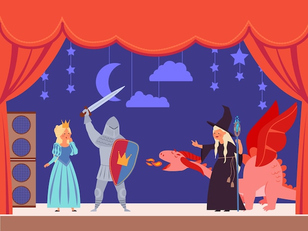 Vector kids theater cartoon kid flat street public act on stage for children tale entertainment actors in costumes magic show decent vector illustration