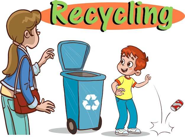 ごみ箱の漫画のベクトルにゴミを投げる子供たち