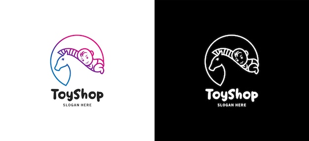 Vettore modello di design del logo del negozio di giocattoli per bambini con simpatici simboli di cavallo e bambino