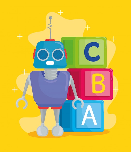 детские игрушки, кубики алфавита с буквами a, b, c и дизайн векторной иллюстрации робота