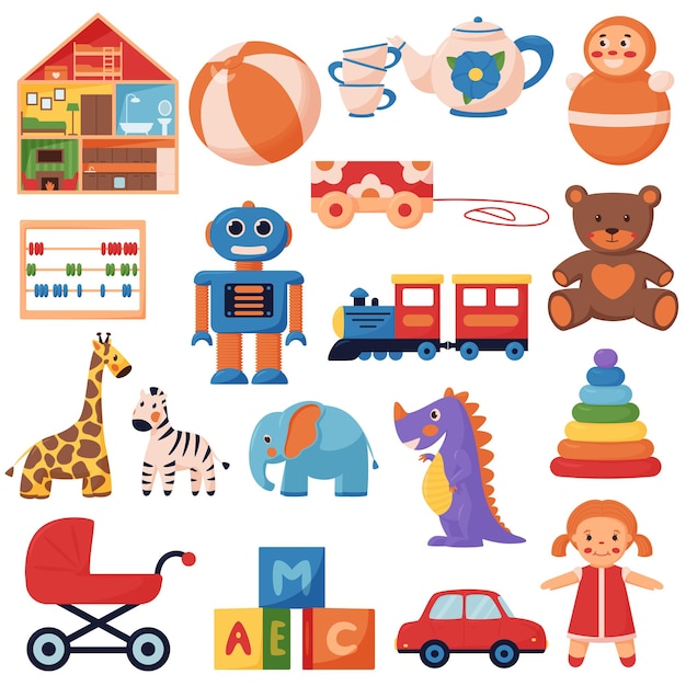 Kids toys big set cartoon vector illustration