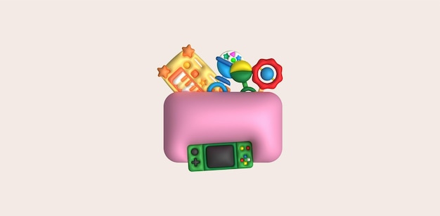 Kids toys box vector baby container with toyshop rattles game pad piano keyboard set illustration