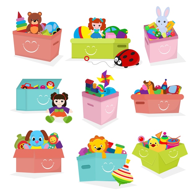 Contenitore per bambini di vettore di scatola di giocattoli per bambini con gioco di orsacchiotto del negozio di giocattoli in scatole di babyroom set illustrazione isolato su priorità bassa bianca.
