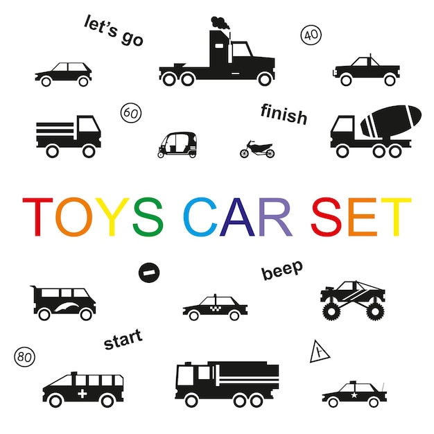 Детские игрушки автомобильный набор черного цвета изолированы на белом фоне для украшения игры детская вечеринка скрапбукинг рисунок печать на ткани подарочная упаковка продвижение продажи транспортный вектор 10 eps