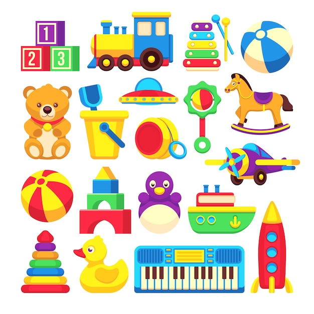Детские игрушки мультфильм коллекция векторных иконок