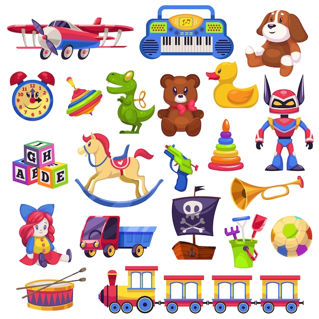 Vector kids toys set. toy kid child preschool house baby game ball train yacht horse doll duck boat plane bear car pyramid