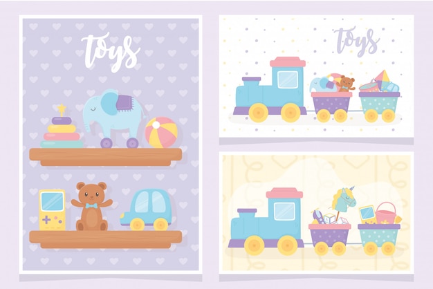 kids toys shelves with elephant pyramid ball teddy bear car video game train decoration cards