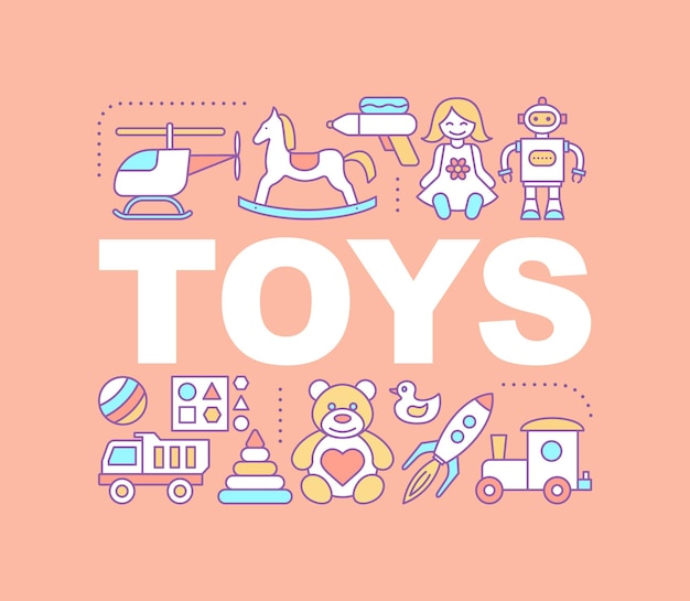 Vector kids toys word concepts banner. childhood. children's entertainment. isolated lettering typography idea with linear icons. vector outline illustration