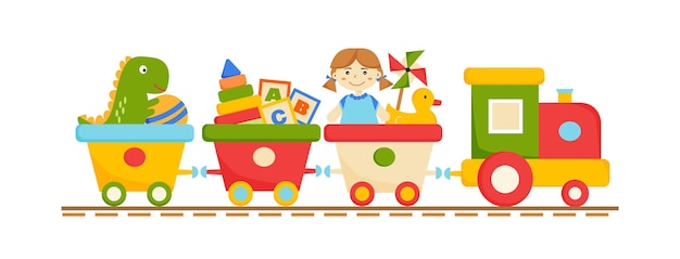 Kids train carries toys Dino doll duck ball pyramid cubs sit in waggons Childrens railway Vector