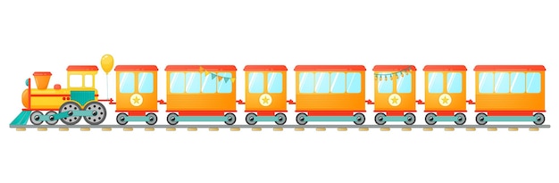 Giocattolo del treno per bambini con vagoni arancioni in stile cartone animato. illustrazione vettoriale isolato su sfondo bianco.