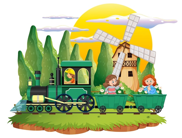 A kids in a train with natural scene farm scene