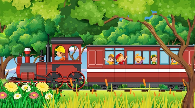 Vettore un bambino in un treno con scena naturale