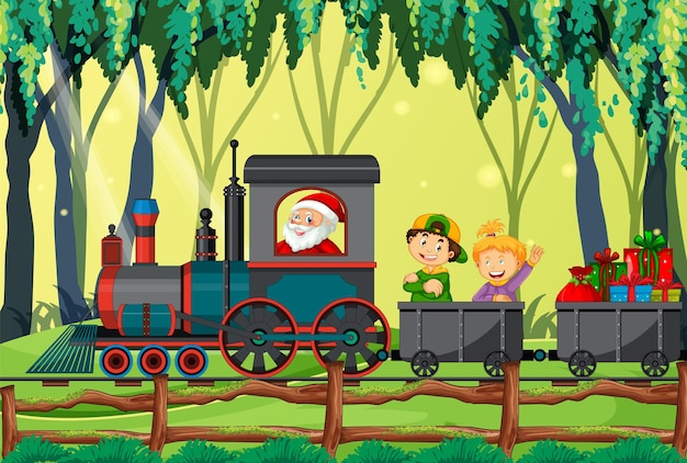 A kids in a train with natural scene