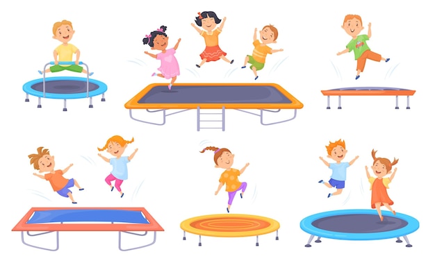 Kids trampolines Children jump center energetic kid boy and girl jumping on rubber elastic trampoline child playroom house or outdoor park fun childhood neat vector illustration of trampoline child