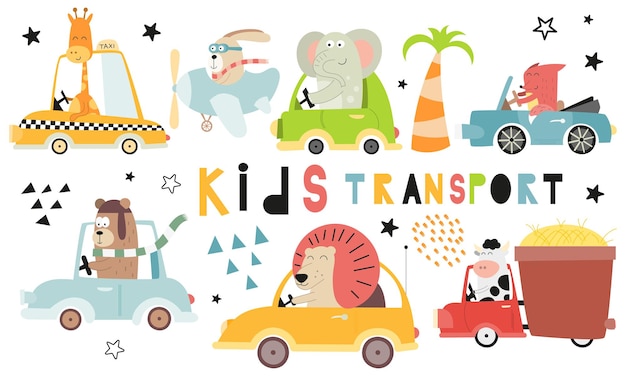 Kids transport collection with cute animals on white background hand drawn